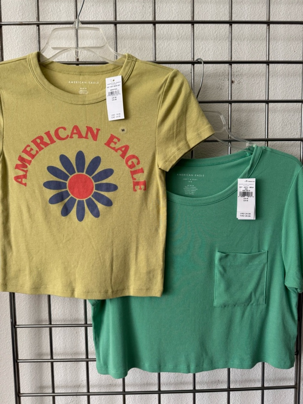 American Eagle Outfitters Olive Daisy Graphic Tee & Green Crop Pocket Tee